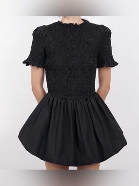 Black Smocked Short Sleeve Mini Dress